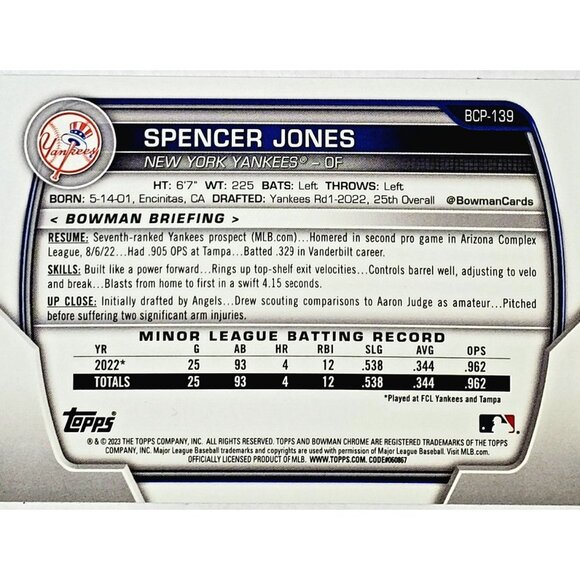 SPENCER JONES ROOKIE MOJO REFRACTOR "1ST BOWMAN" 2023 BOWMAN CHROME, YANKEES! - Picture 2 of 3